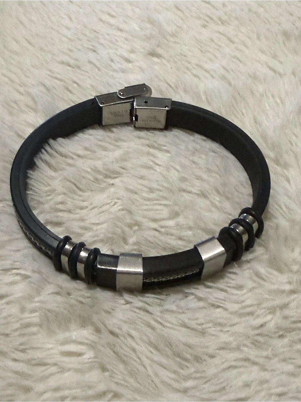 Men's Black Leather Bracelet with Silver Accents